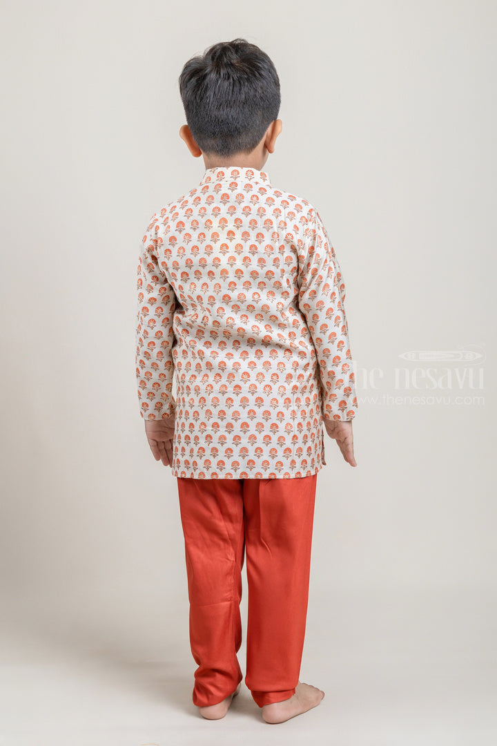 The Nesavu Boys Kurtha Set Beige All Over Floral Printed Boys Kurta with Brown Pant Nesavu Shop Beige All Over Floral Printed Boys Kurta with Brown Pant Online | Festive and Party Wear | The Nesavu
