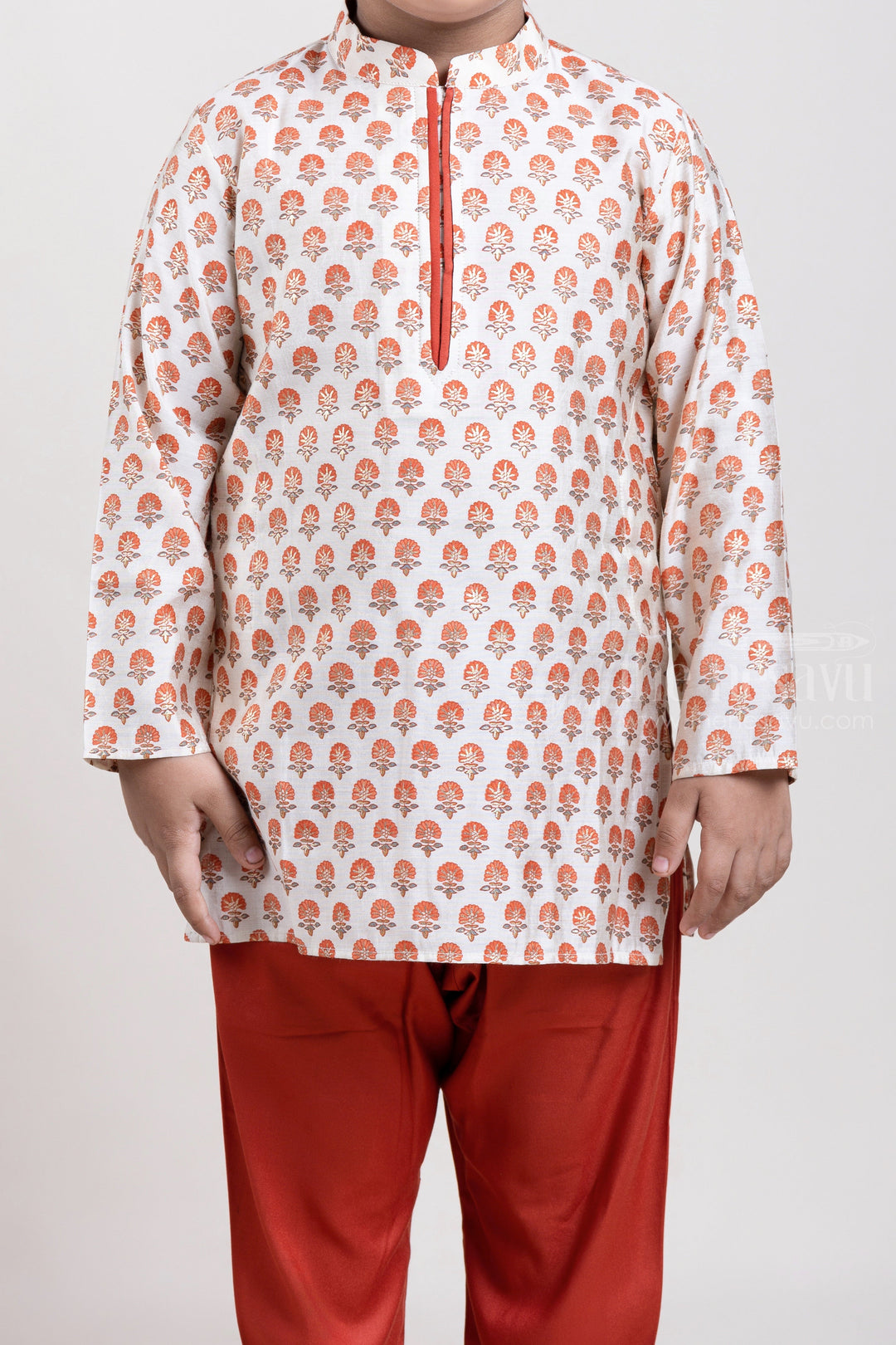 The Nesavu Boys Kurtha Set Beige All Over Floral Printed Boys Kurta with Brown Pant Nesavu Shop Beige All Over Floral Printed Boys Kurta with Brown Pant Online | Festive and Party Wear | The Nesavu