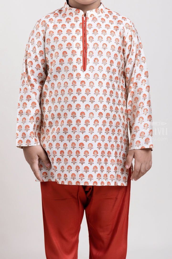 The Nesavu Boys Kurtha Set Beige All Over Floral Printed Boys Kurta with Brown Pant Nesavu Shop Beige All Over Floral Printed Boys Kurta with Brown Pant Online | Festive and Party Wear | The Nesavu