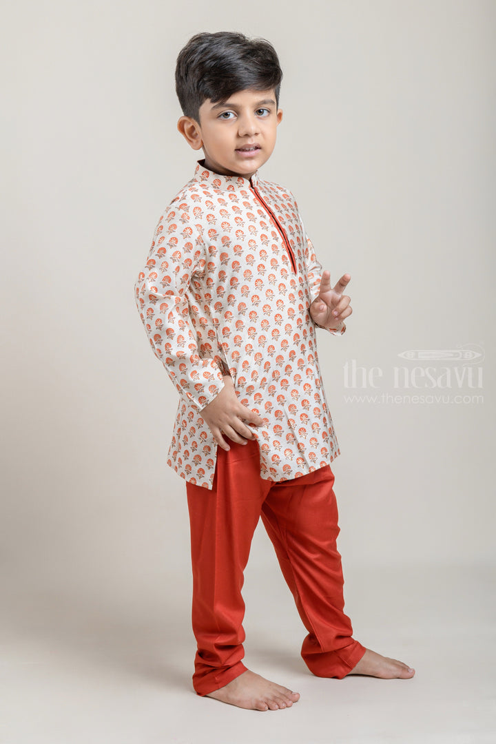 The Nesavu Boys Kurtha Set Beige All Over Floral Printed Boys Kurta with Brown Pant Nesavu Shop Beige All Over Floral Printed Boys Kurta with Brown Pant Online | Festive and Party Wear | The Nesavu