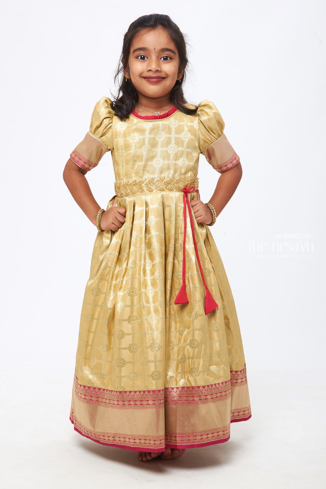 The Nesavu Silk Gown Beige Beauty: Zari Checkered Floral Pleated Gown with Pink Accents for Girls Nesavu 16 (1Y) / Beige / Jacquard GA153C-16 Anarkali Dress Designs for Diwali | Anarkali Gown Online Shopping | The Nesavu
