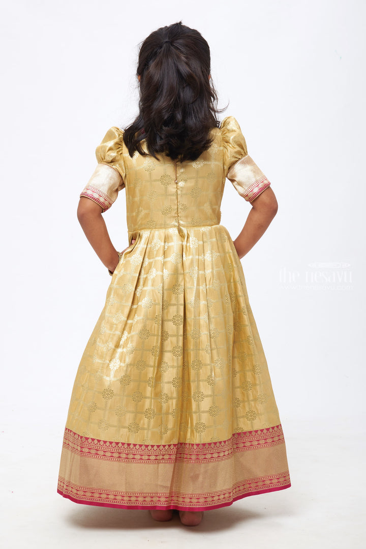 The Nesavu Silk Gown Beige Beauty: Zari Checkered Floral Pleated Gown with Pink Accents for Girls Nesavu Anarkali Dress Designs for Diwali | Anarkali Gown Online Shopping | The Nesavu