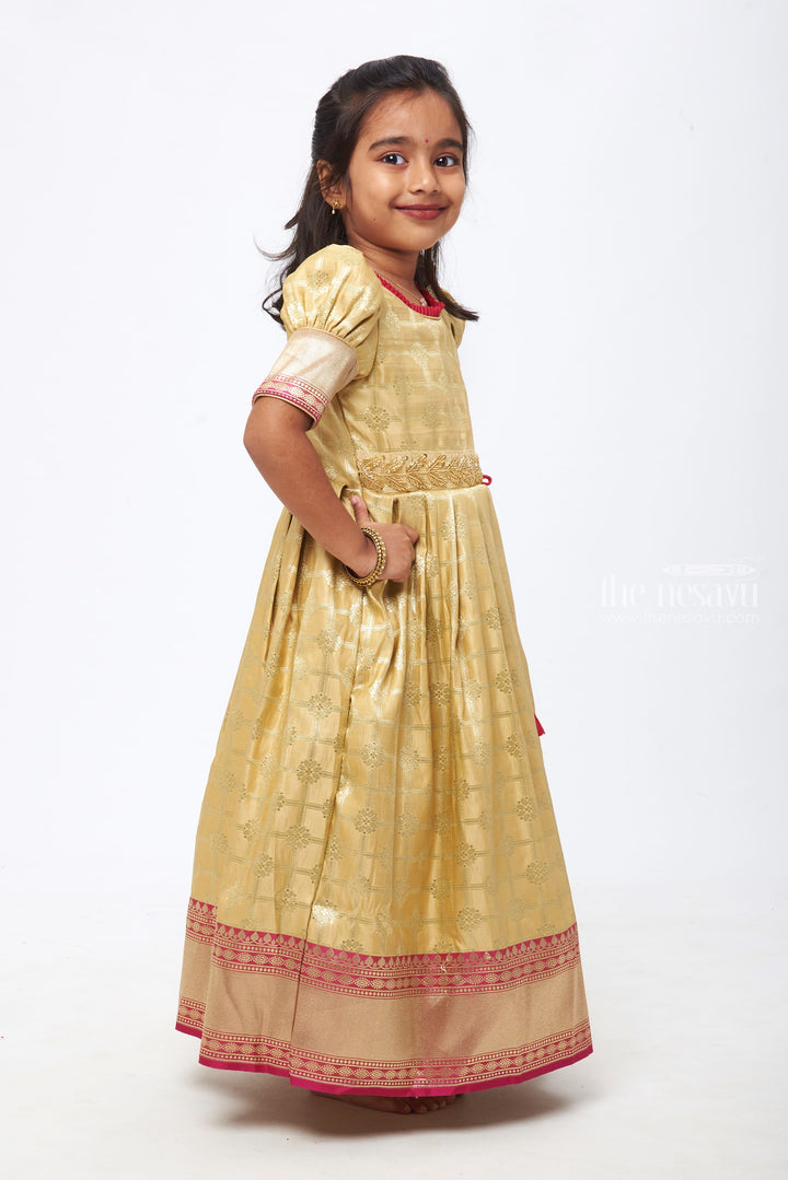 The Nesavu Silk Gown Beige Beauty: Zari Checkered Floral Pleated Gown with Pink Accents for Girls Nesavu Anarkali Dress Designs for Diwali | Anarkali Gown Online Shopping | The Nesavu