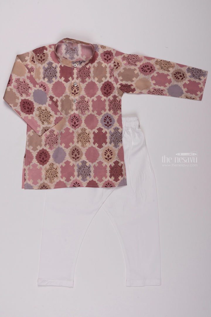 The Nesavu Boys Kurtha Set Beige Blossom: Floral Fantasy Printed Mandarin Collar Kurta with Pant Set for Boys Nesavu 14 (6M) / Beige / Chanderi BES394A-14 Ethnic Kids Clothing Online | Boys Indian Traditional Dress | The Nesavu