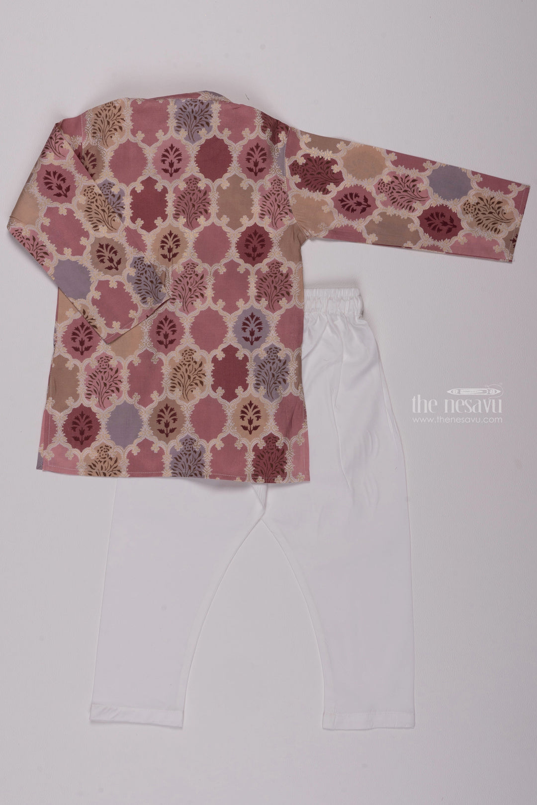 The Nesavu Boys Kurtha Set Beige Blossom: Floral Fantasy Printed Mandarin Collar Kurta with Pant Set for Boys Nesavu Ethnic Kids Clothing Online | Boys Indian Traditional Dress | The Nesavu