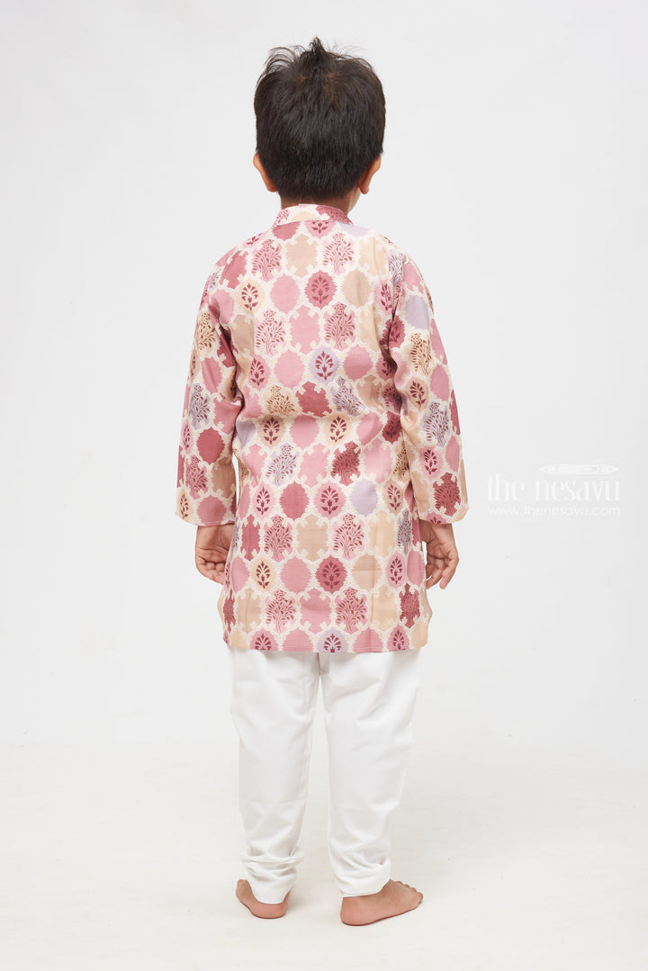 The Nesavu Boys Kurtha Set Beige Blossom: Floral Fantasy Printed Mandarin Collar Kurta with Pant Set for Boys Nesavu Ethnic Kids Clothing Online | Boys Indian Traditional Dress | The Nesavu