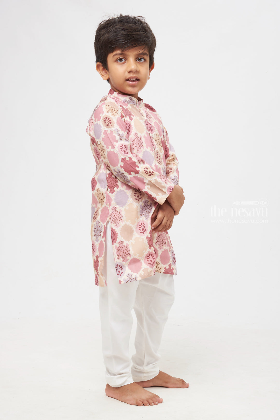 The Nesavu Boys Kurtha Set Beige Blossom: Floral Fantasy Printed Mandarin Collar Kurta with Pant Set for Boys Nesavu Ethnic Kids Clothing Online | Boys Indian Traditional Dress | The Nesavu