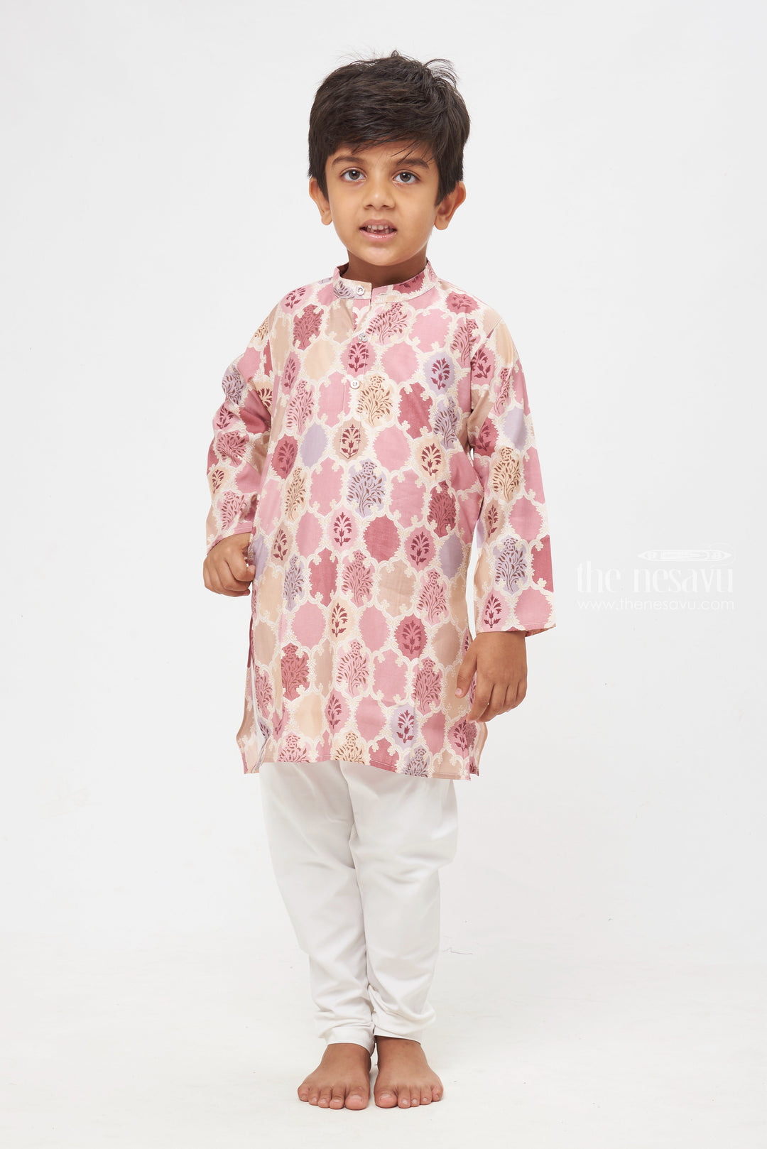 The Nesavu Boys Kurtha Set Beige Blossom: Floral Fantasy Printed Mandarin Collar Kurta with Pant Set for Boys Nesavu Ethnic Kids Clothing Online | Boys Indian Traditional Dress | The Nesavu