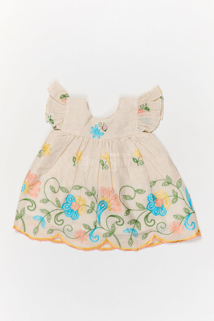 The Nesavu Baby Cotton Frocks Beige Cotton Frock with Multicolor Floral Thread Embroidery for Baby Girls Nesavu 14 (6M) / Orange BFJ902B-14 Nesavu embroidered beige cotton frock with scalloped hem for baby girls