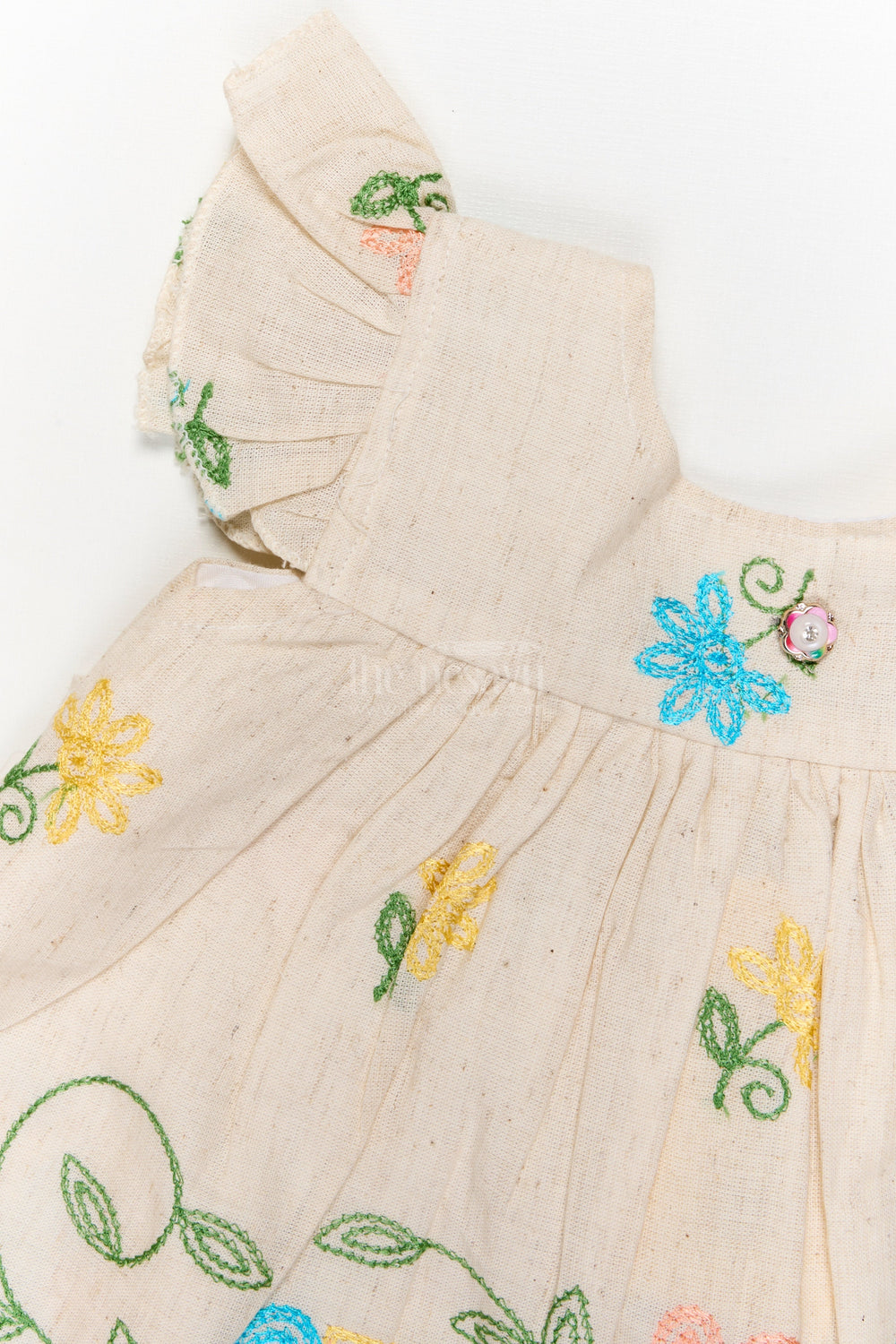 The Nesavu Baby Cotton Frocks Beige Cotton Frock with Multicolor Floral Thread Embroidery for Baby Girls Nesavu Nesavu embroidered beige cotton frock with scalloped hem for baby girls