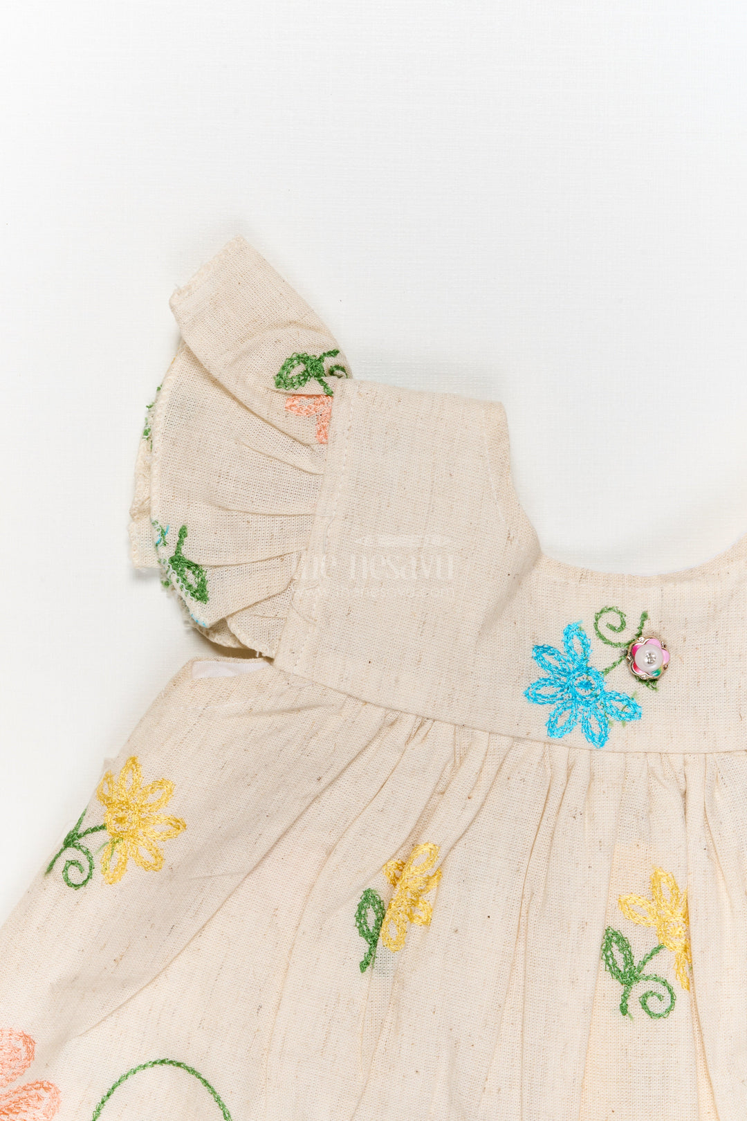 The Nesavu Baby Cotton Frocks Beige Cotton Frock with Multicolor Floral Thread Embroidery for Baby Girls Nesavu Nesavu embroidered beige cotton frock with scalloped hem for baby girls