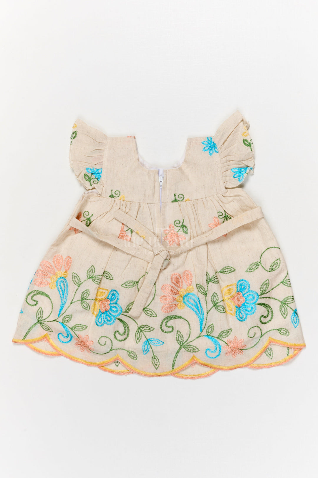 The Nesavu Baby Cotton Frocks Beige Cotton Frock with Multicolor Floral Thread Embroidery for Baby Girls Nesavu Nesavu embroidered beige cotton frock with scalloped hem for baby girls
