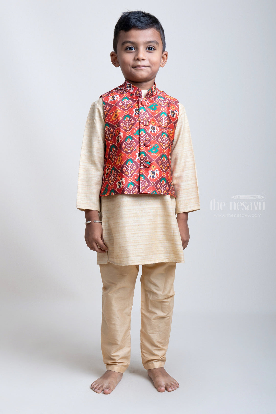 The Nesavu Boys Kurtha Set Beige Cotton Kurta With Patola Printed Red Overcoat And Sandal Pants For Little Boys psr silks Nesavu 16 (1Y) / Beige / Silk Blend BES271