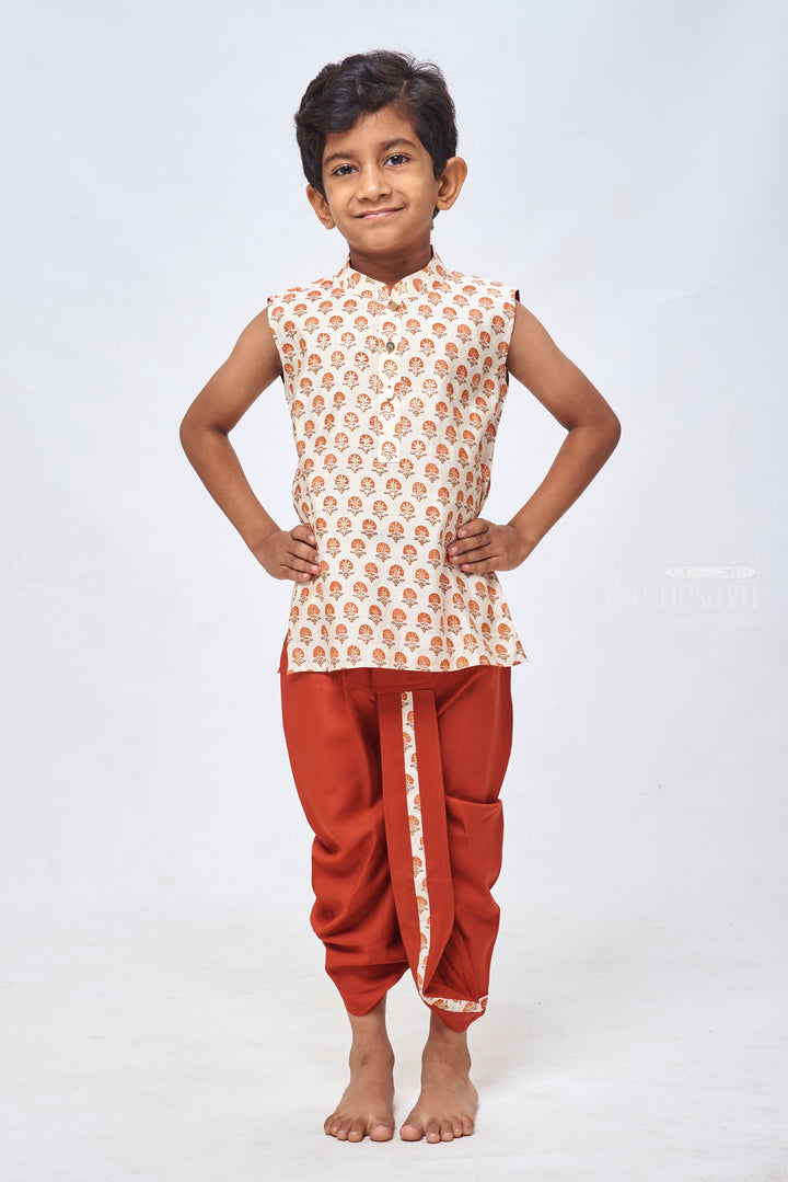 The Nesavu Boys Dothi Set Beige Floral Elegance: Delicate Kurta Matched with Vibrant Red Panchagajam for Boys Nesavu 12 (3M) / Beige / Cotton BES372A-12 Children’s Ethnic Attire | | Boys Ethnic Kurta and Panchagajam Set | the Nesavu