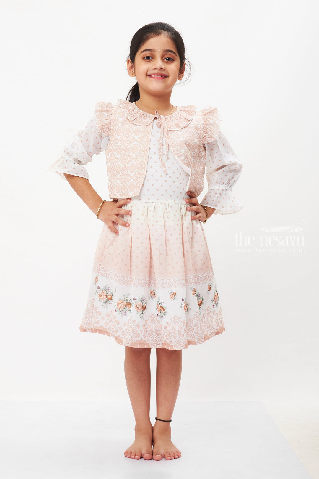 The Nesavu Girls Fancy Frock Beige Floral Lace Fancy Cotton Frock with Sheer Jacket for Girls Nesavu 20 (3Y) / Beige / Georgette GFC1289A-20 Girls Beige Fancy Lace Frock & Sheer Jacket | Elegant Summer Dress Collection | The Nesavu