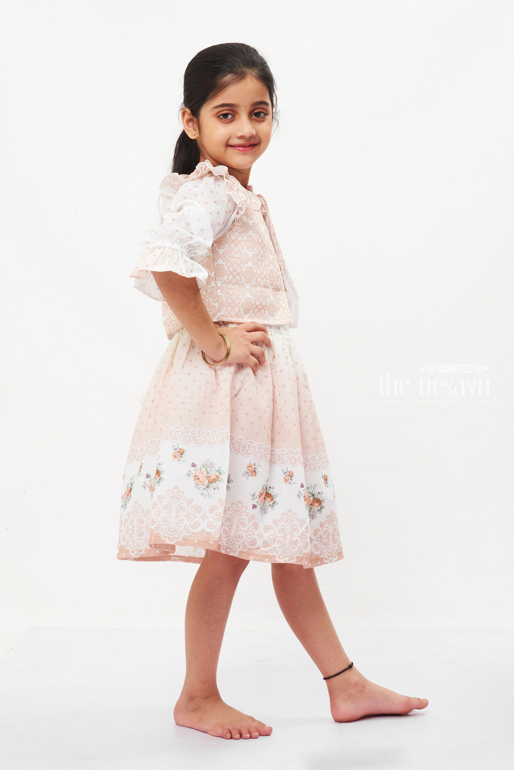 The Nesavu Girls Fancy Frock Beige Floral Lace Fancy Cotton Frock with Sheer Jacket for Girls Nesavu Girls Beige Fancy Lace Frock & Sheer Jacket | Elegant Summer Dress Collection | The Nesavu
