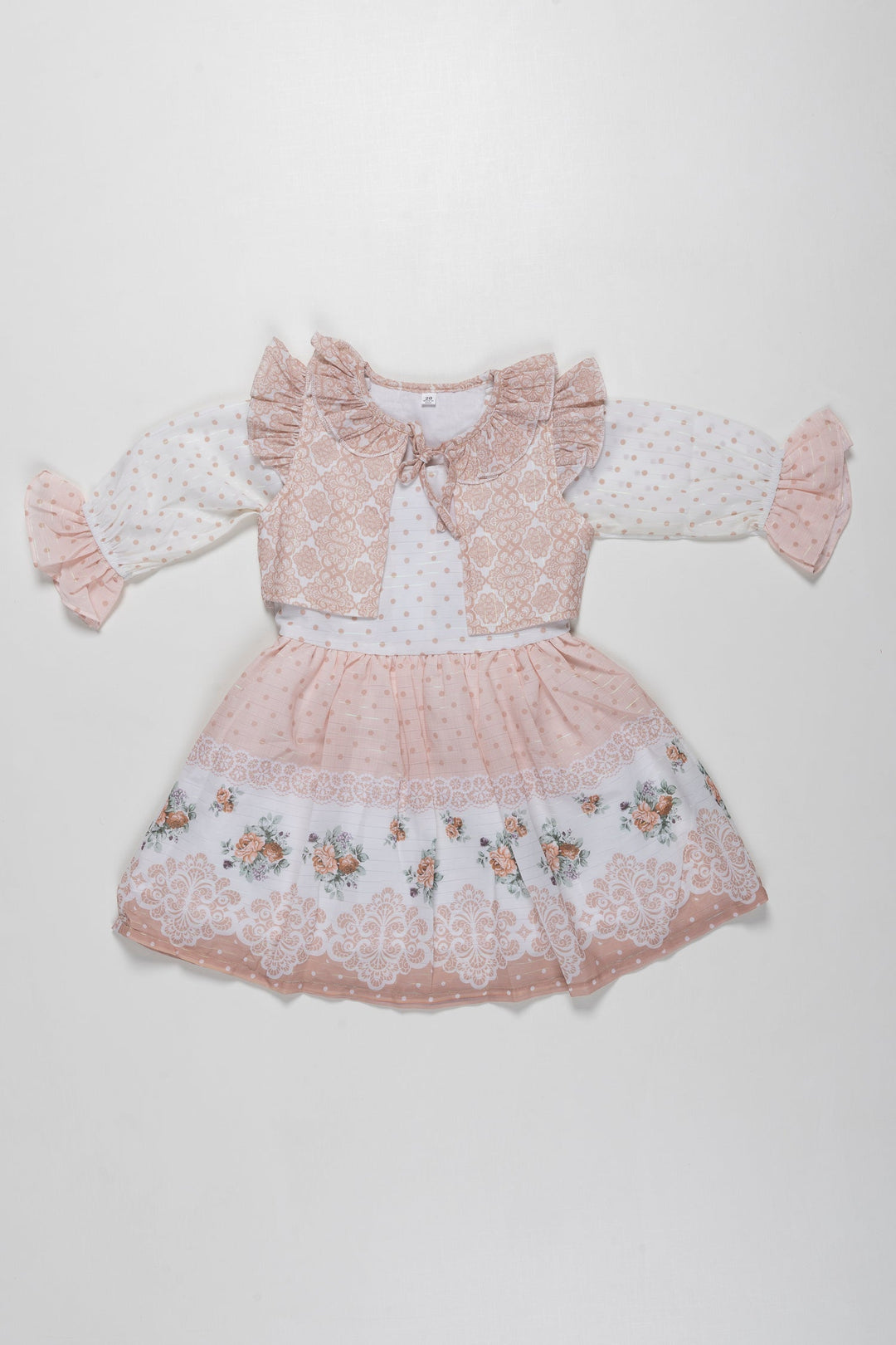 Baby Girl Fancy Dress Jacket Beige Floral Lace Fancy Cotton Frock
