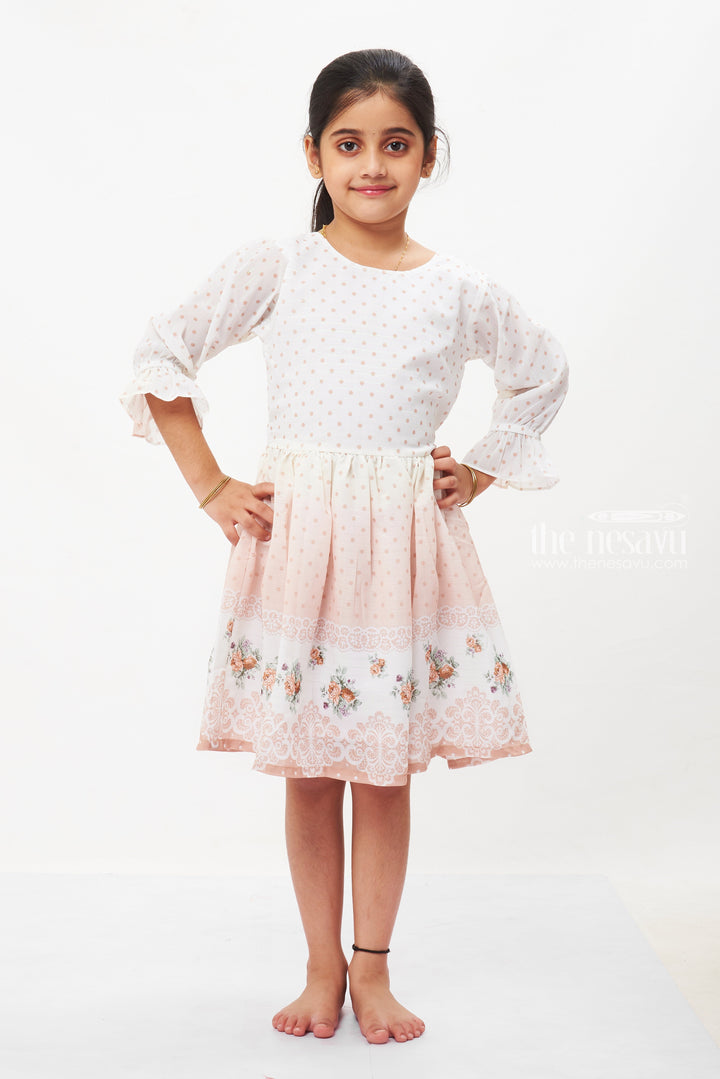 The Nesavu Girls Fancy Frock Beige Floral Lace Fancy Cotton Frock with Sheer Jacket for Girls Nesavu Girls Beige Fancy Lace Frock & Sheer Jacket | Elegant Summer Dress Collection | The Nesavu