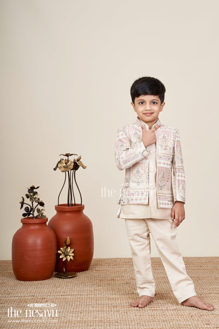 The Nesavu Boys Sherwani Beige sherwani set with multicolor mirror and thread embroidery Nesavu 14 (6M) / Beige BES883A-14 Nesavu beige embroidered boys sherwani with mirror and floral detailing