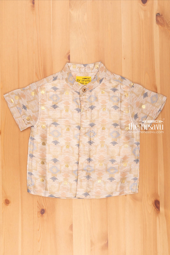 The Nesavu Boys Silk Shirt Beige Silk Shirt for Boys with Geometrical Print Nesavu 16 (1Y) / Beige / Silk Blend BS090A-16 6MONTH Old Girl Frock | Baby Clothes Online | the Nesavu