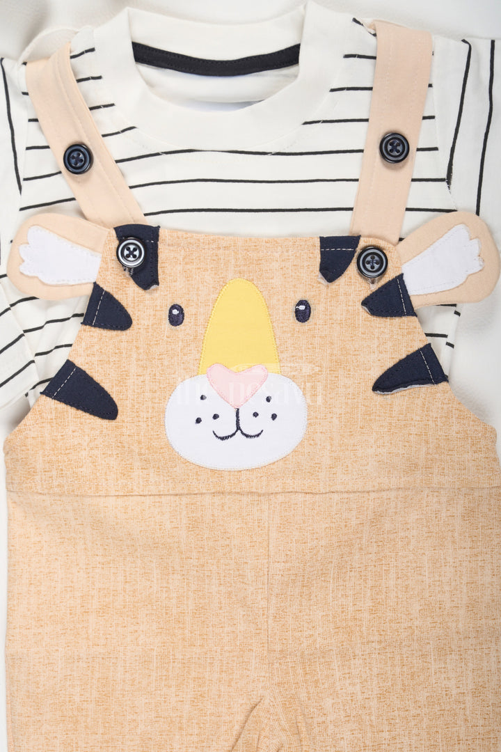 The Nesavu Baby Dungarees Beige Striped Cotton Baby Dungarees with Playful Animal Face for Baby Nesavu Beige Cotton Baby Dungarees Striped Top Animal Design Nesavu Playful Baby Outfit
