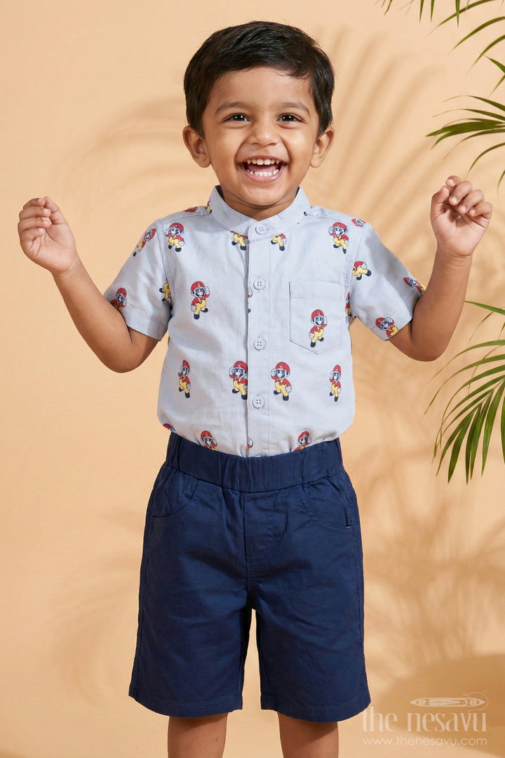 The Nesavu Boys Casual Set Best Casual Attire for Boys with Cartoon Printed Shirt and Navy Cotton Shorts Nesavu 14 (6M) / Blue BCS251A-14 Best Casual Attire Boys Cartoon Shirt Navy Shorts Soft Cotton | The Nesavu