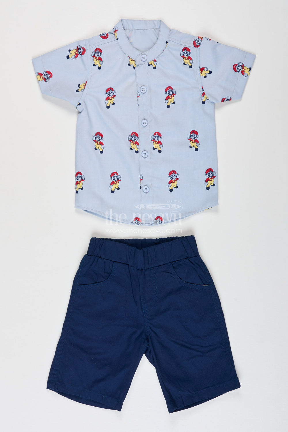 The Nesavu Boys Casual Set Best Casual Attire for Boys with Cartoon Printed Shirt and Navy Cotton Shorts Nesavu Best Casual Attire Boys Cartoon Shirt Navy Shorts Soft Cotton | The Nesavu