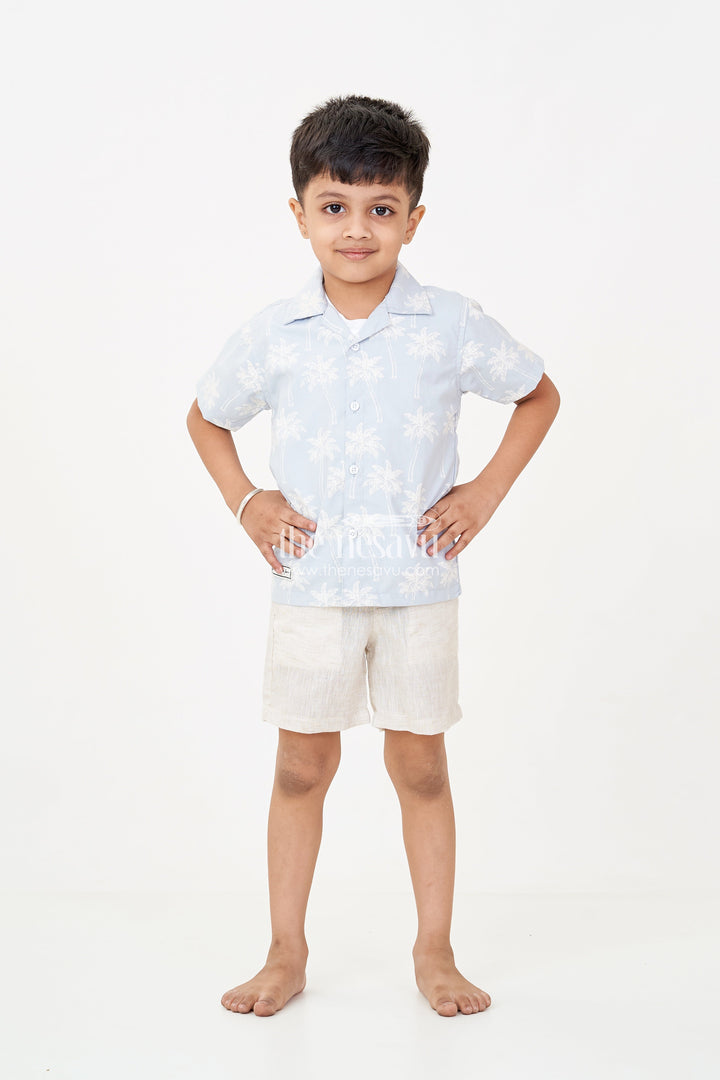 The Nesavu Boys Casual Set Best Casual Outfits for Boys in Cotton with Palm Tree Shirt, Graphic Tee, and Beige Shorts Nesavu Nesavu Best Casual Outfits Boys Palm Print Shirt Graphic Tee Beige Cotton Shorts