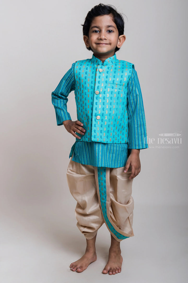 The Nesavu Boys Dothi Set Best Impressions Three Piece Green Kurta With Overcoat And Dhoti For Boys Nesavu 12 (3M) / Turquoise / Cotton BES248B-12 Festive Wear Kurta And Dhoti Set| New Collection| The Nesavu