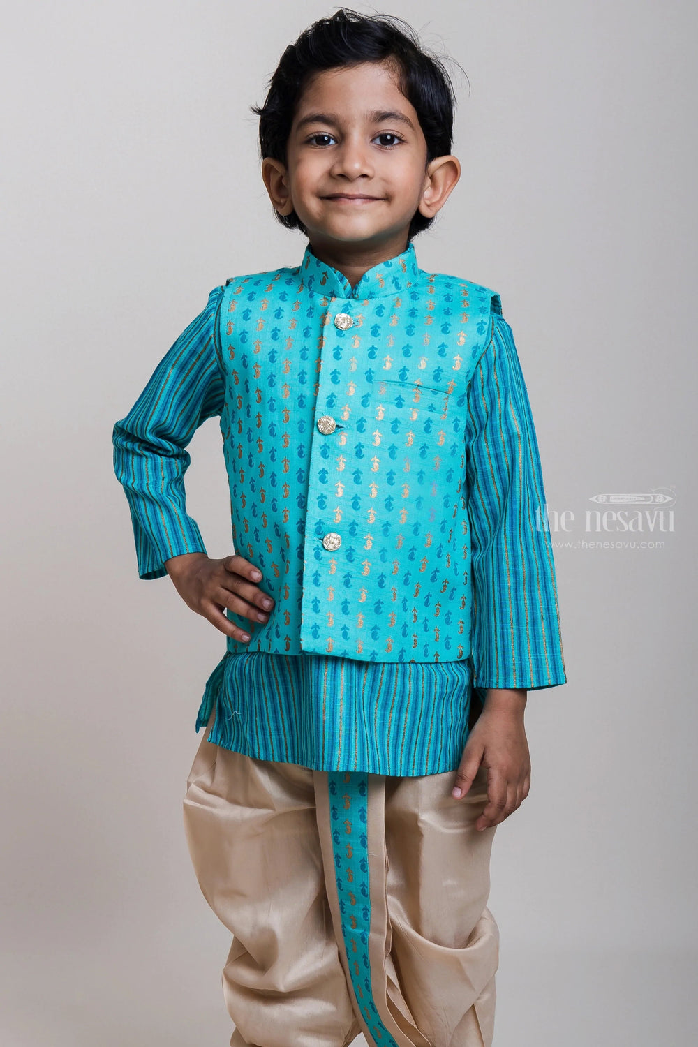 The Nesavu Boys Dothi Set Best Impressions Three Piece Green Kurta With Overcoat And Dhoti For Boys Nesavu Festive Wear Kurta And Dhoti Set| New Collection| The Nesavu