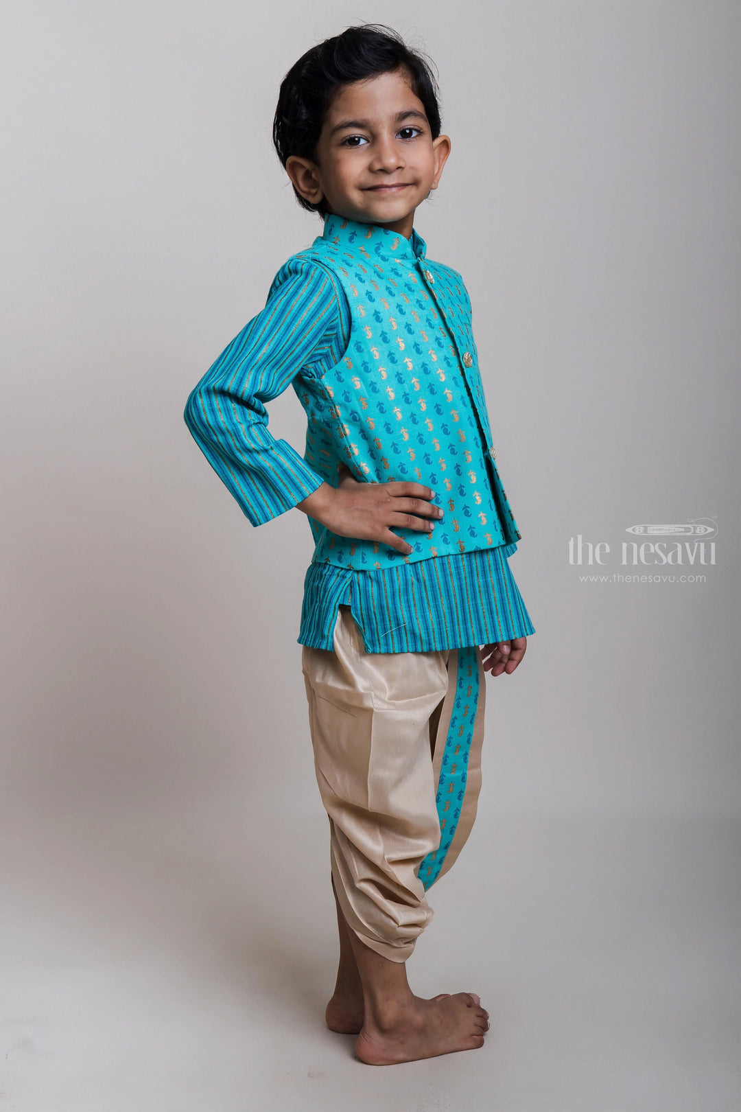 The Nesavu Boys Dothi Set Best Impressions Three Piece Green Kurta With Overcoat And Dhoti For Boys Nesavu Festive Wear Kurta And Dhoti Set| New Collection| The Nesavu