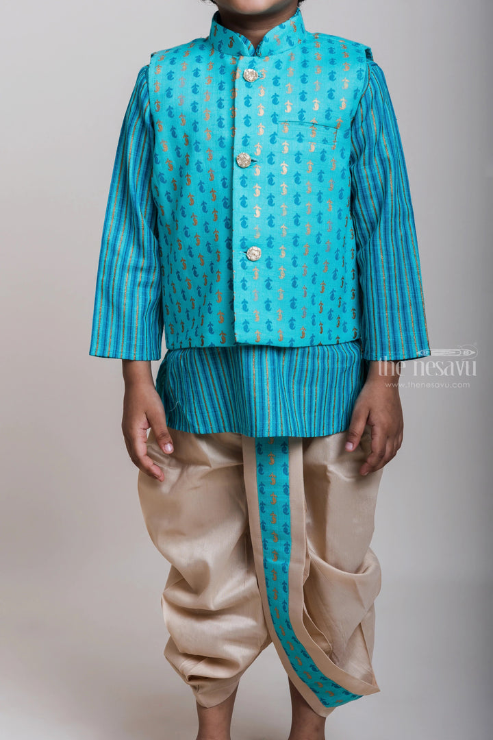 The Nesavu Boys Dothi Set Best Impressions Three Piece Green Kurta With Overcoat And Dhoti For Boys Nesavu Festive Wear Kurta And Dhoti Set| New Collection| The Nesavu