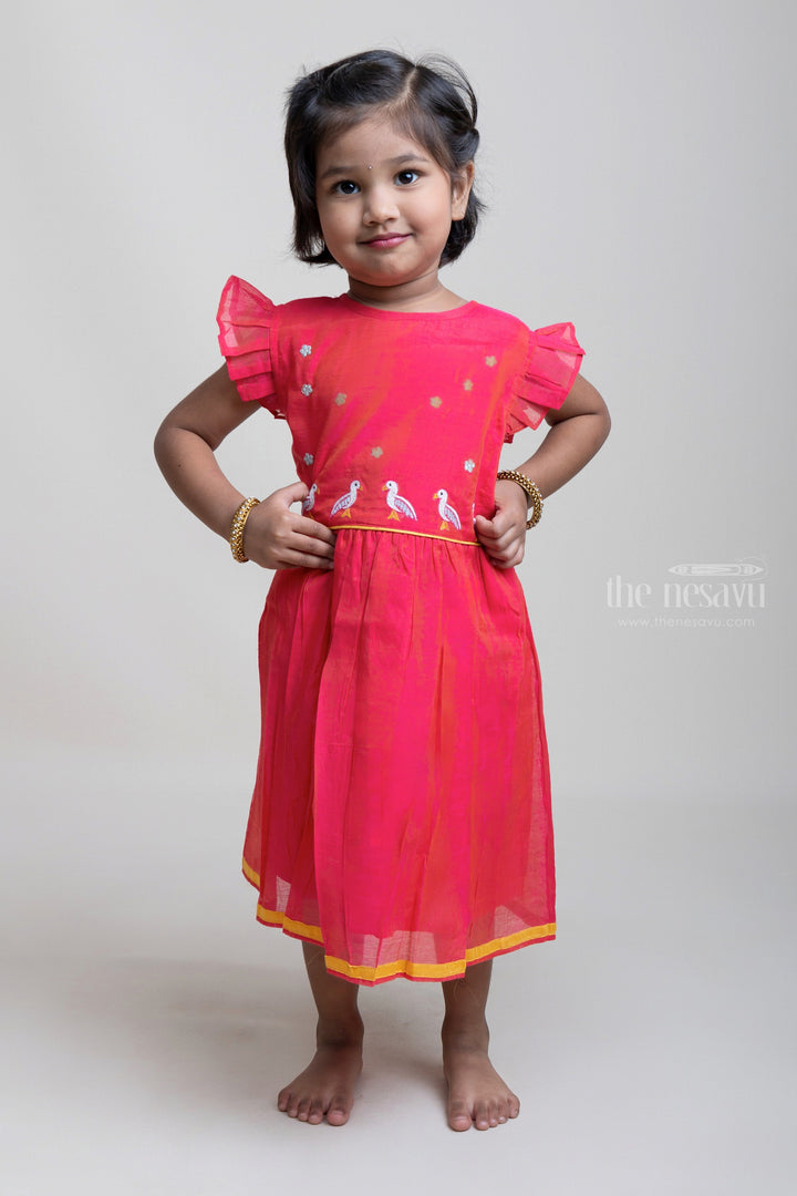 The Nesavu Girls Fancy Frock Bird Thread Embroidery Pink Cotton Frock With Lace Border Nesavu 16 (1Y) / Red / Chanderi GFC980B Latest Organic Cotton Children Clothes | Soft Frocks | The Nesavu