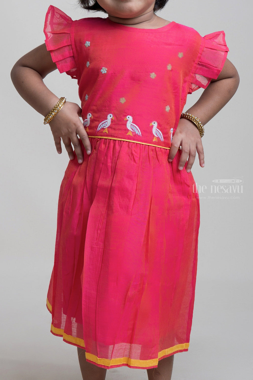 The Nesavu Girls Fancy Frock Bird Thread Embroidery Pink Cotton Frock With Lace Border Nesavu Latest Organic Cotton Children Clothes | Soft Frocks | The Nesavu