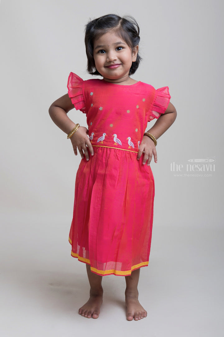 The Nesavu Girls Fancy Frock Bird Thread Embroidery Pink Cotton Frock With Lace Border Nesavu Latest Organic Cotton Children Clothes | Soft Frocks | The Nesavu