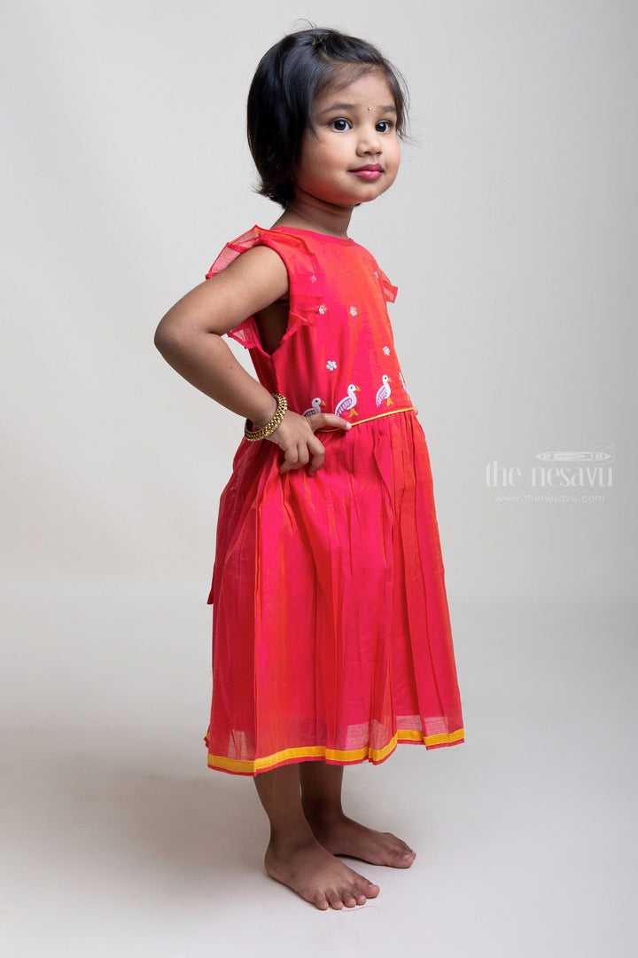 The Nesavu Girls Fancy Frock Bird Thread Embroidery Pink Cotton Frock With Lace Border Nesavu Latest Organic Cotton Children Clothes | Soft Frocks | The Nesavu