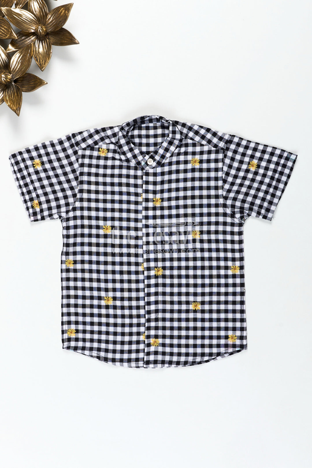 The Nesavu Boys Cotton Shirt Black and White Printed Shirt for Boys in Cotton with Embroidered Yellow Flowers and Gingham Checks Nesavu 16 (1Y) / Black BS282A-16 Nesavu Black White Printed Shirt Boys Cotton Gingham Checks Floral Thread Embroidery