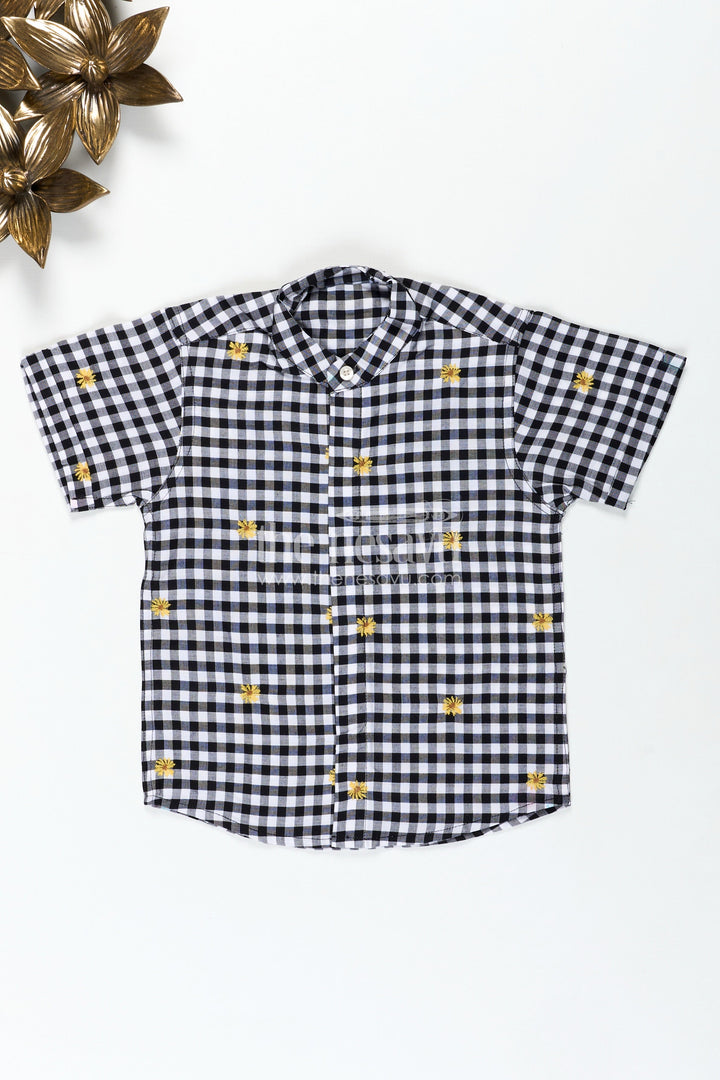 The Nesavu Boys Cotton Shirt Black and White Printed Shirt for Boys in Cotton with Embroidered Yellow Flowers and Gingham Checks Nesavu 16 (1Y) / Black BS282A-16 Nesavu Black White Printed Shirt Boys Cotton Gingham Checks Floral Thread Embroidery