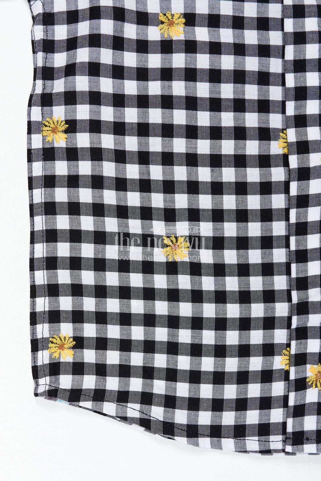 The Nesavu Boys Cotton Shirt Black and White Printed Shirt for Boys in Cotton with Embroidered Yellow Flowers and Gingham Checks Nesavu Nesavu Black White Printed Shirt Boys Cotton Gingham Checks Floral Thread Embroidery