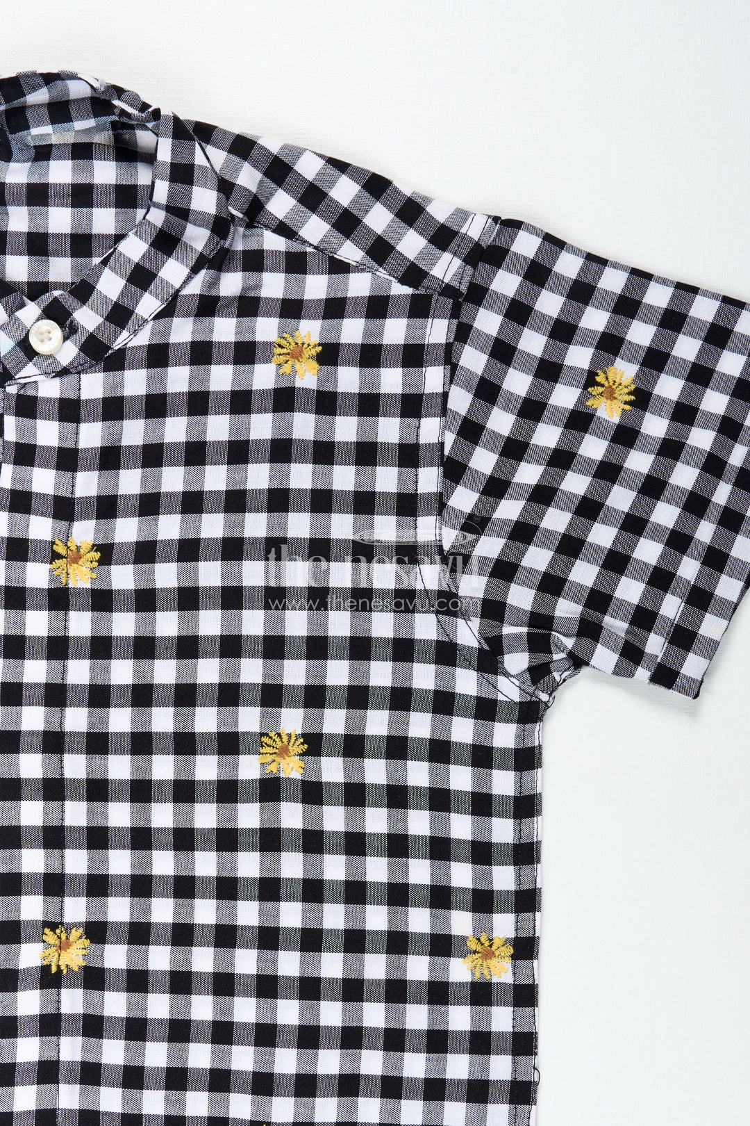 The Nesavu Boys Cotton Shirt Black and White Printed Shirt for Boys in Cotton with Embroidered Yellow Flowers and Gingham Checks Nesavu Nesavu Black White Printed Shirt Boys Cotton Gingham Checks Floral Thread Embroidery