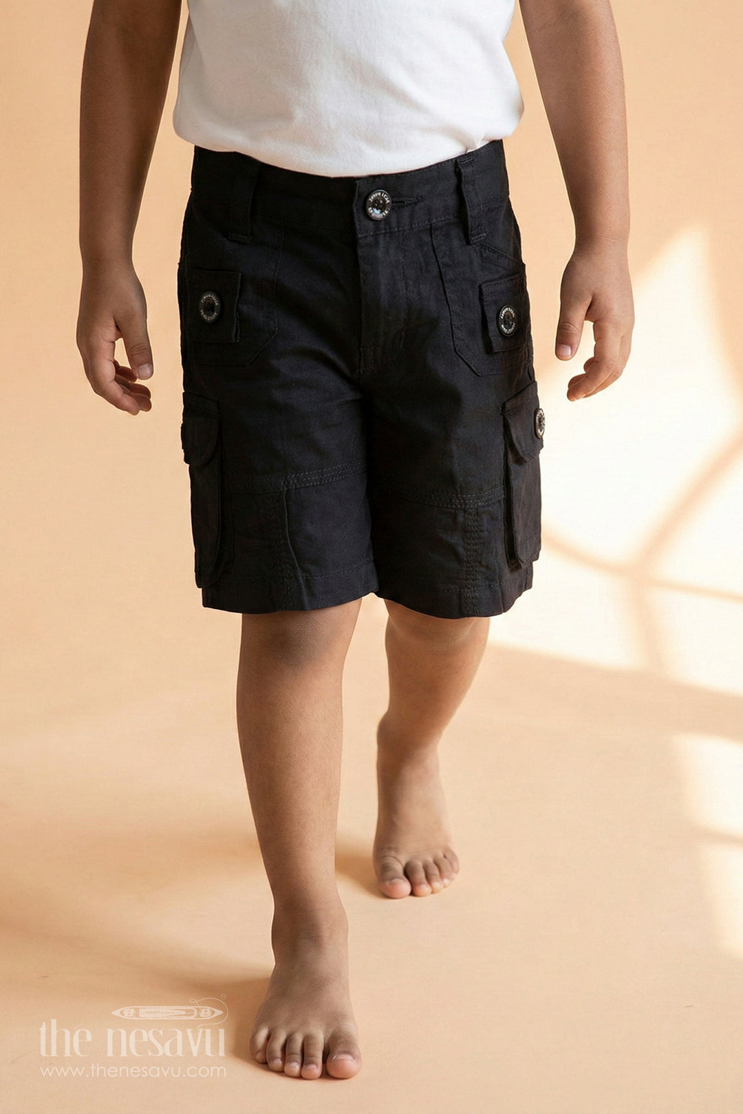 The Nesavu Boys Shorts Black Cotton Boys Dress Shorts Nesavu 16 (1Y) / Black BWS004C-16 Black Cotton Boys Dress Shorts with Elastic Waist