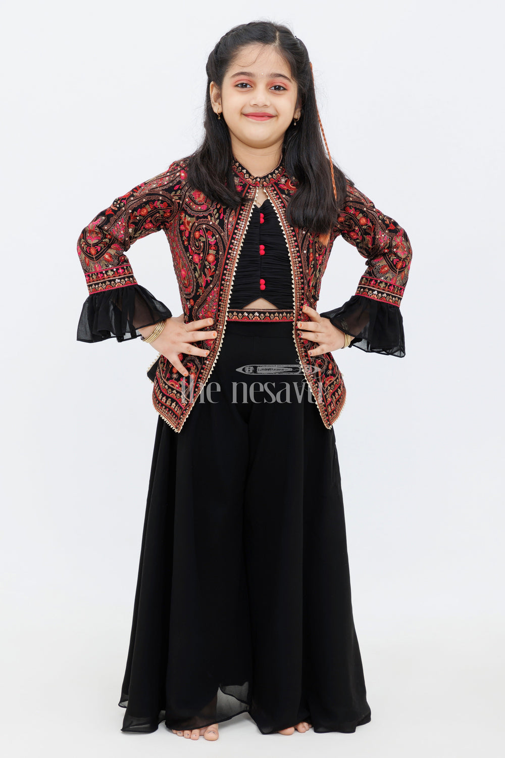 Black Georgette Embroidered Jacket and Palazzo Set for Girls with Paisley  Motifs