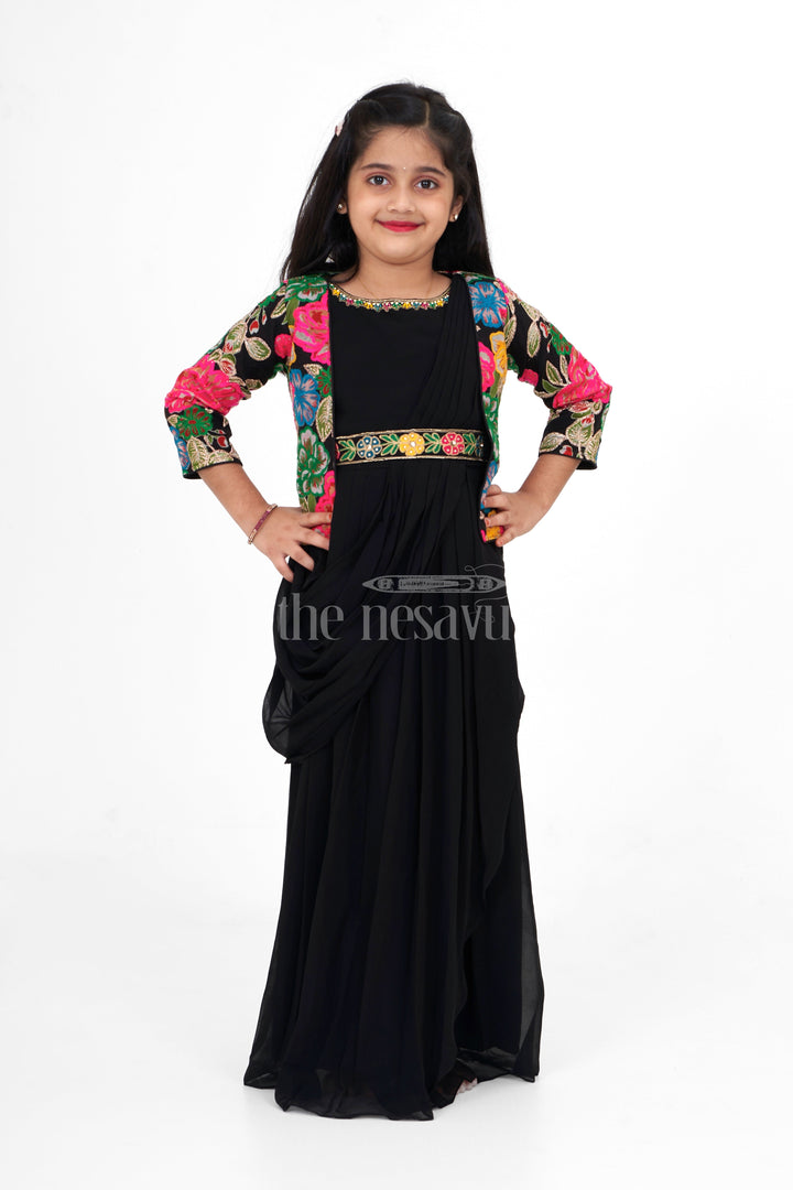 The Nesavu Girls Party Gown Black Georgette Girls Party Gown with Multicolor Floral Embroidered Jacket for Weddings and Celebrations Nesavu 24 (5Y) / Black GA286A-24 Nesavu Black Georgette Girls Party Gown Floral Embroidered Jacket Ideal Weddings Holiday Celebrations