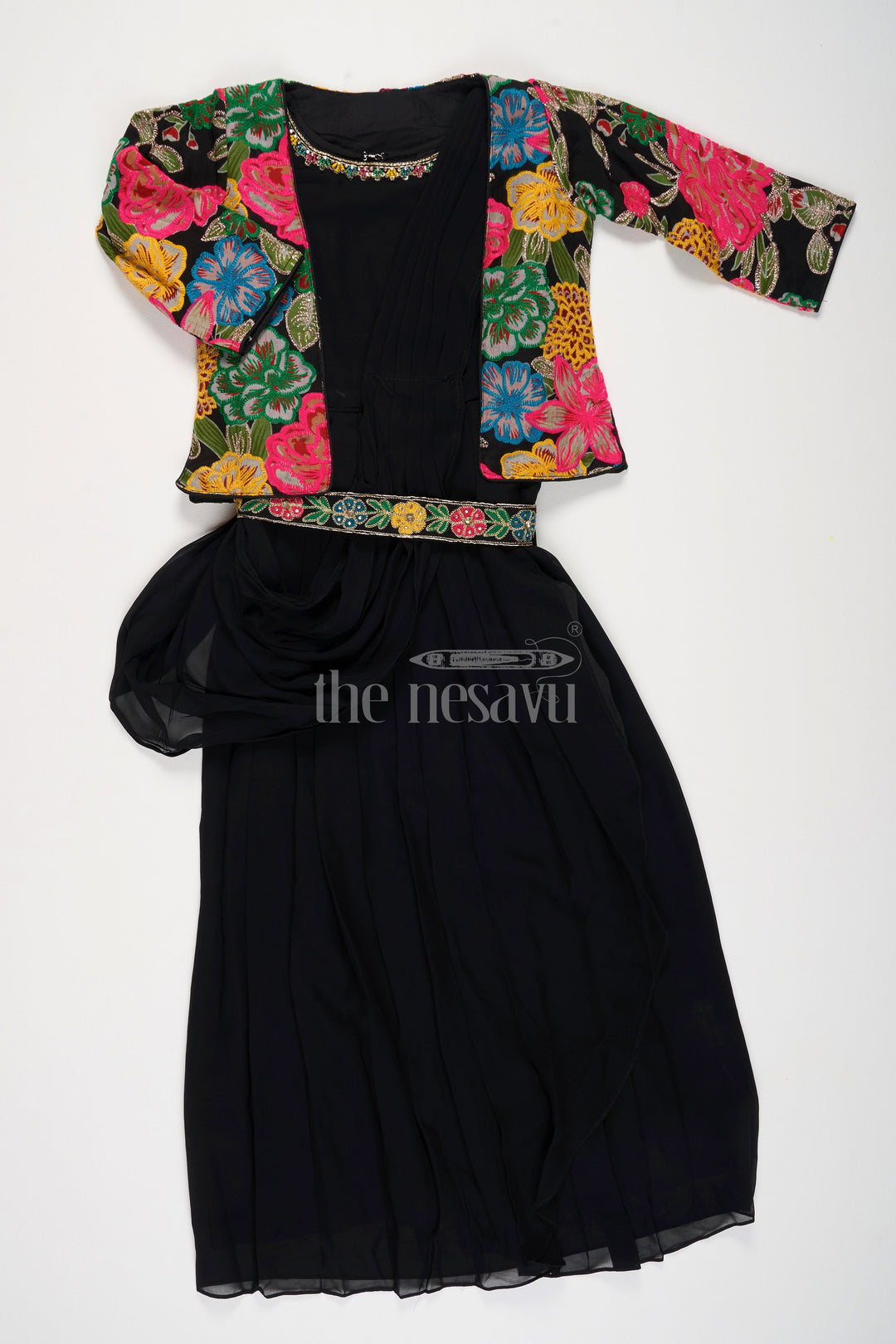 The Nesavu Girls Party Gown Black Georgette Girls Party Gown with Multicolor Floral Embroidered Jacket for Weddings and Celebrations Nesavu Nesavu Black Georgette Girls Party Gown Floral Embroidered Jacket Ideal Weddings Holiday Celebrations