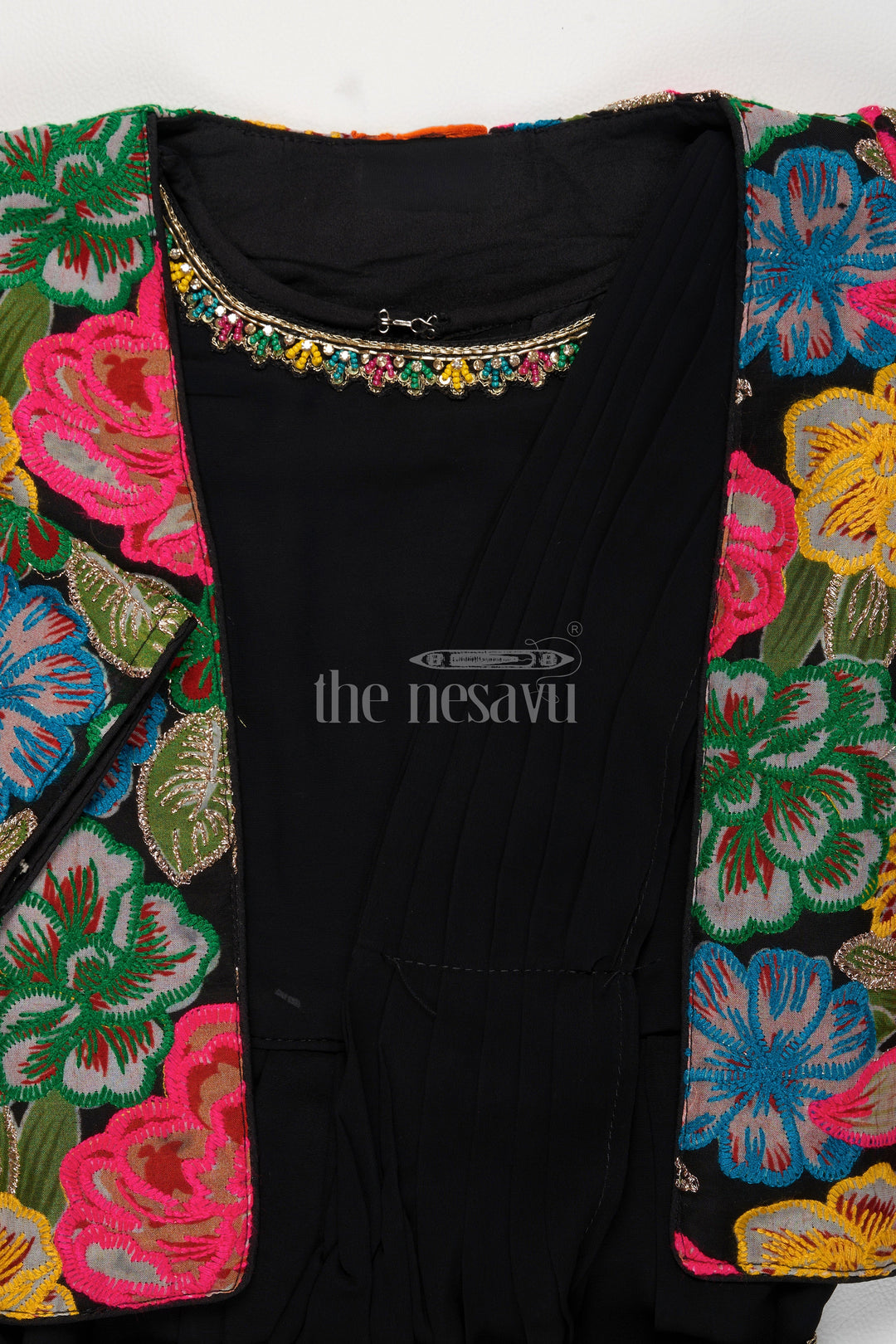 The Nesavu Girls Party Gown Black Georgette Girls Party Gown with Multicolor Floral Embroidered Jacket for Weddings and Celebrations Nesavu Nesavu Black Georgette Girls Party Gown Floral Embroidered Jacket Ideal Weddings Holiday Celebrations