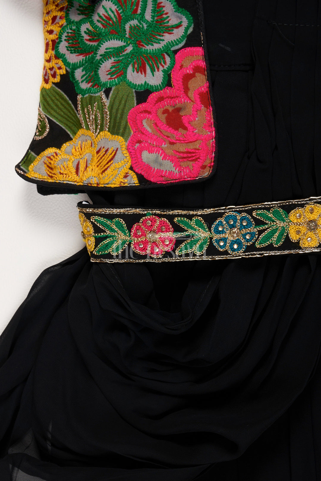 The Nesavu Girls Party Gown Black Georgette Girls Party Gown with Multicolor Floral Embroidered Jacket for Weddings and Celebrations Nesavu Nesavu Black Georgette Girls Party Gown Floral Embroidered Jacket Ideal Weddings Holiday Celebrations