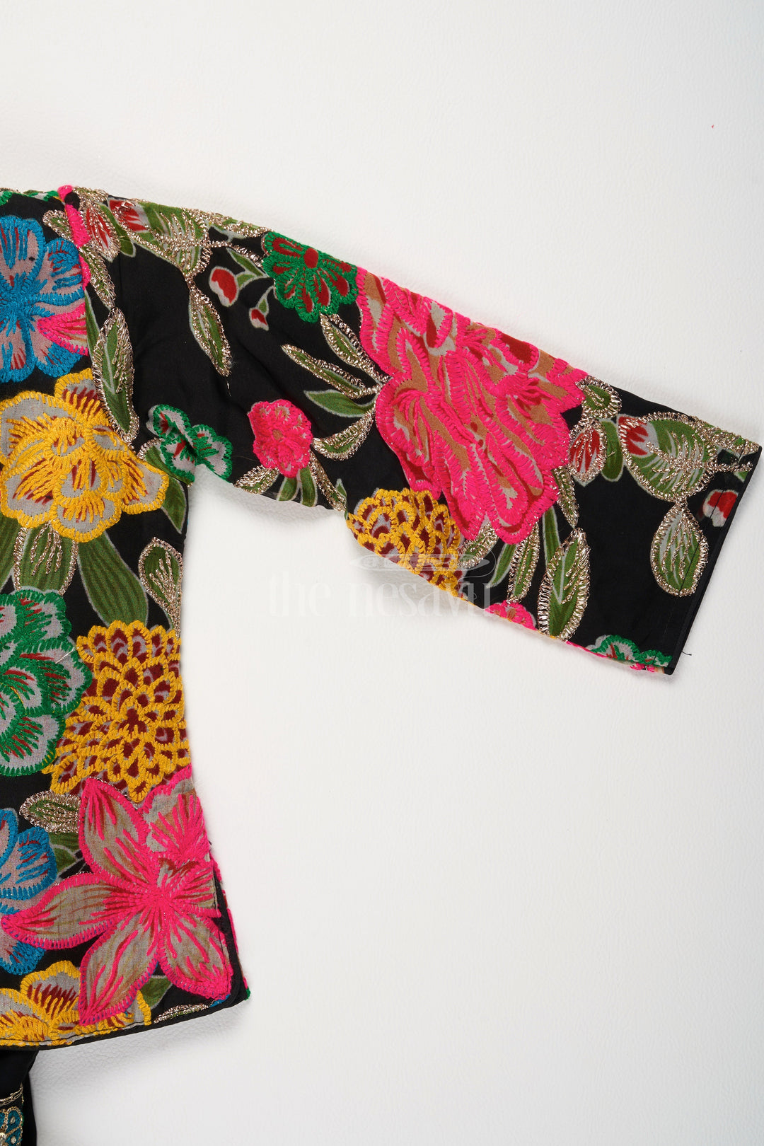 The Nesavu Girls Party Gown Black Georgette Girls Party Gown with Multicolor Floral Embroidered Jacket for Weddings and Celebrations Nesavu Nesavu Black Georgette Girls Party Gown Floral Embroidered Jacket Ideal Weddings Holiday Celebrations