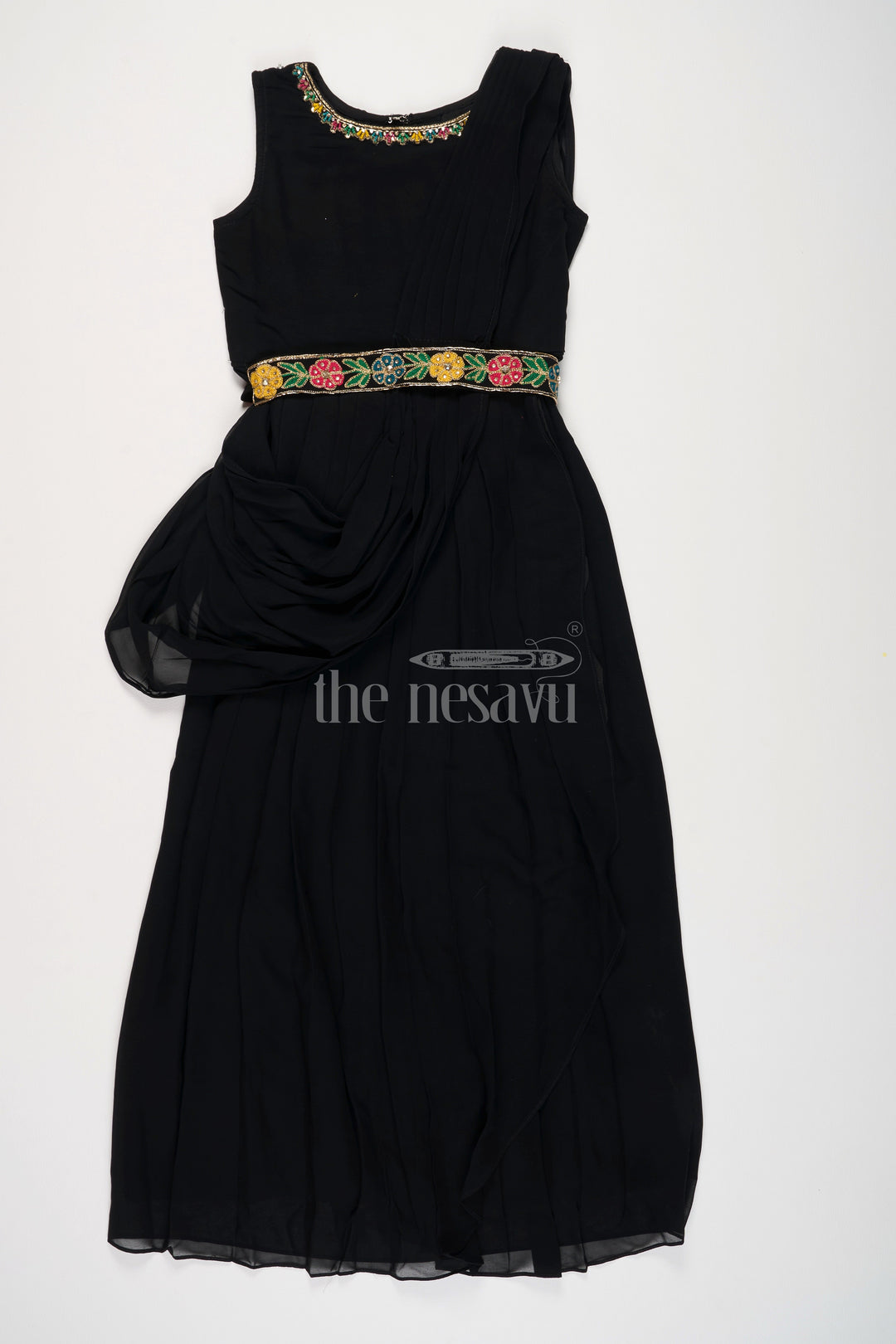 The Nesavu Girls Party Gown Black Georgette Girls Party Gown with Multicolor Floral Embroidered Jacket for Weddings and Celebrations Nesavu Nesavu Black Georgette Girls Party Gown Floral Embroidered Jacket Ideal Weddings Holiday Celebrations
