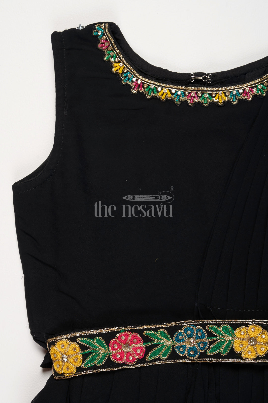 The Nesavu Girls Party Gown Black Georgette Girls Party Gown with Multicolor Floral Embroidered Jacket for Weddings and Celebrations Nesavu Nesavu Black Georgette Girls Party Gown Floral Embroidered Jacket Ideal Weddings Holiday Celebrations