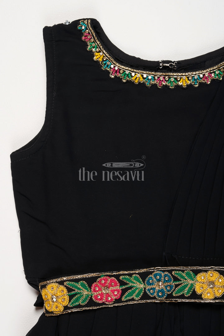 The Nesavu Girls Party Gown Black Georgette Girls Party Gown with Multicolor Floral Embroidered Jacket for Weddings and Celebrations Nesavu Nesavu Black Georgette Girls Party Gown Floral Embroidered Jacket Ideal Weddings Holiday Celebrations